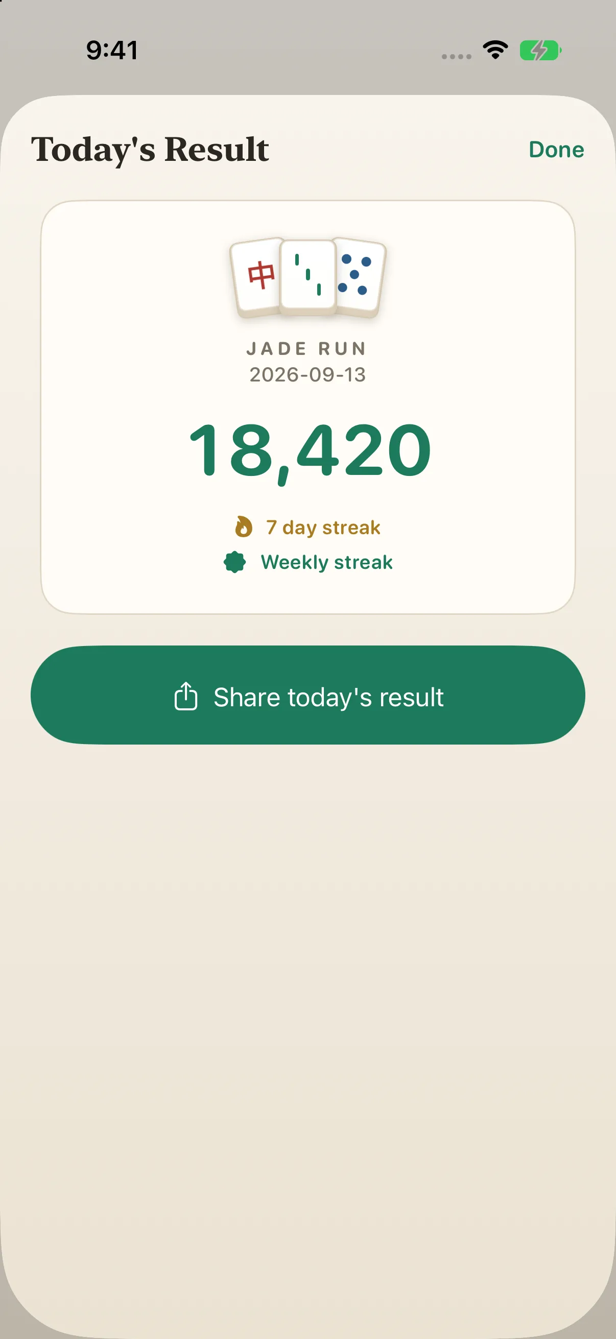 Jade Run daily result card